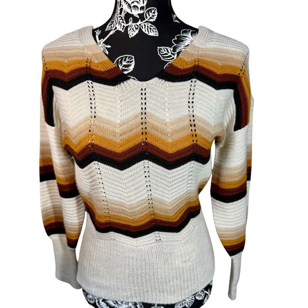 70's Inspired Brown, Mustard, Oatmeal Chevron Stripe Crisscross Back Size M